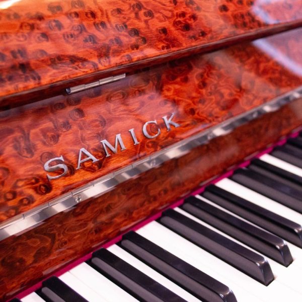 Samick Upright Piano JS115 LE Birds Eye Maple on Sale